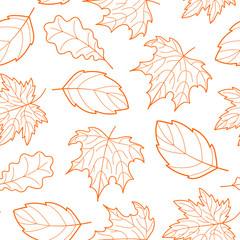 Doodle leaves seamless pattern, vector hand-drawn orange leaf wallpaper, nature botanic abstract background, EPS 8
