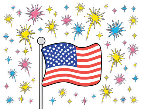 United States of America flag with fireworks, Independence Day banner design.