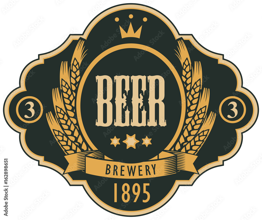 Wall mural template beer label with coat of arms, wreath of wheat and ribbon in curly frame. vector label for b