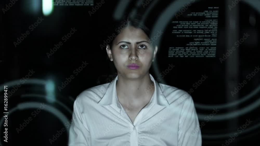 Poster businesswoman touching at futuristic interface screen. IoT(Internet of Things). ICT(Information Communication Technology). GUI(Graphical User Interface). HUD(Heads up Display).
