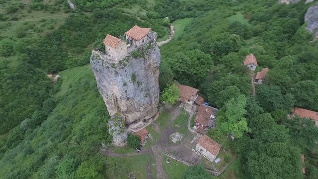 aerial video Katskhi pillar and the Orthodox Church on it, Georgia