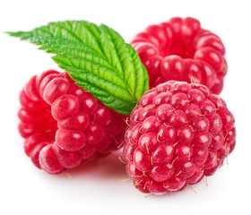 Raspberry berries with green leaf. Healthy food fresh fruit.