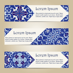 Vector set of colorful horizontal banners for business and invitation. Portuguese, Azulejo, Moroccan; Arabic; asian ornaments