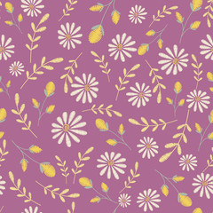 Vector seamless texture. Embroidery floral design with camomiles. Decorative pastel flowers pattern
