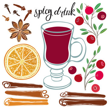 Spicy drink. Vector illustration with isolated elements of ingredients.