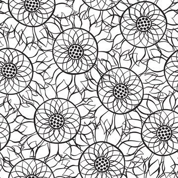 Sunflowers. Seamless  pattern  on a white background. Black and white vector illustration.
