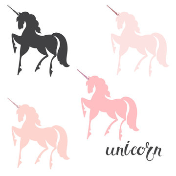 Unicorn. Vector illustration, isolated  design elements, four options. Silhouettes on a white background.