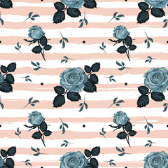 Naklejka premium Vintage roses pattern Hand-drawn blue roses striped background. Repeating floral backdrop, vintage flowers wallpaper. Vector flower pattern seamless