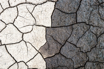 Nature background, border of dry and wet cracked mud. Concept of opposites, dark and light.