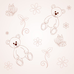Seamless pattern with teddy bear and butterflies.