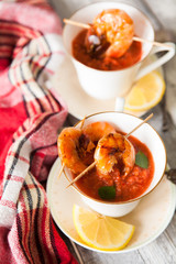 Gaspacho soup with grilled shrimps