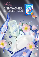 Rose fragrance dishwasher detergent tabs ads. Vector realistic Illustration with dishes in water splash and flowers. Vertical poster