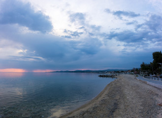 The waterfront of Nikiti in Chalkidiki, Greece, at dusk 