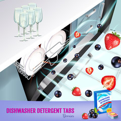 Berries fragrance dishwasher detergent tabs ads. Vector realistic Illustration with dishwasher in kitchen counter and detergent package. Poster