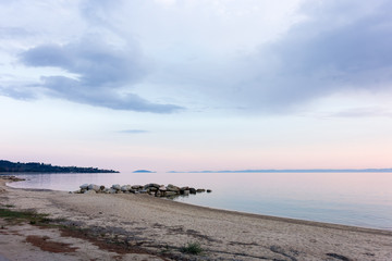 The waterfront of Nikiti in Chalkidiki, Greece, at dusk 