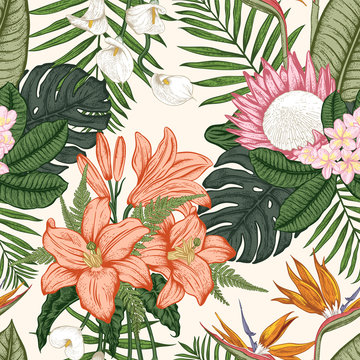 Seamless pattern with tropica flowers. Vector illustration.