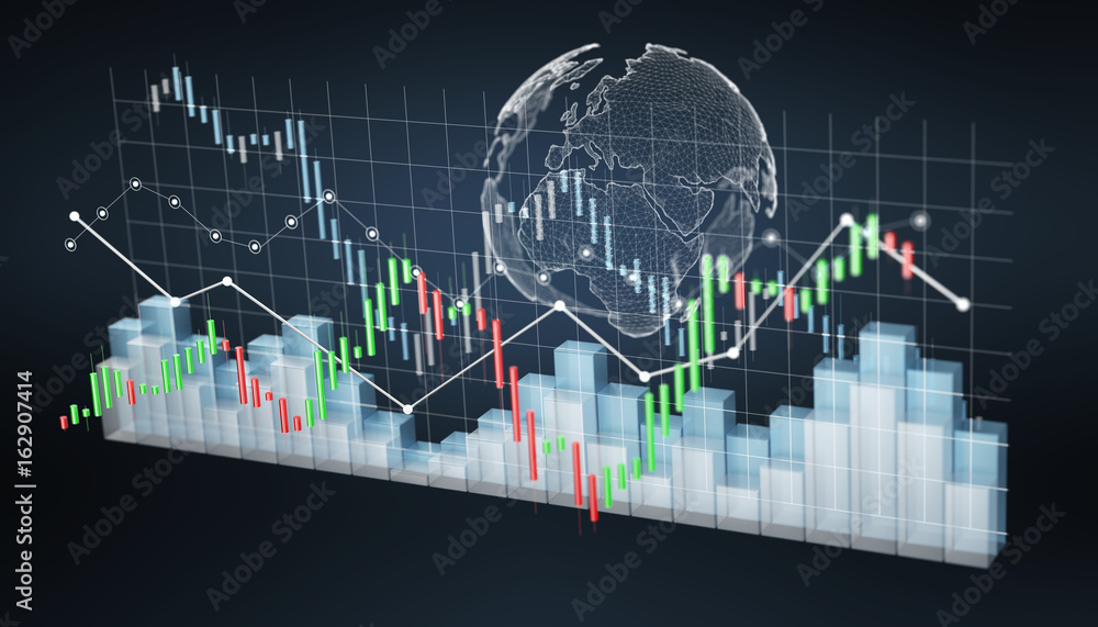 Poster Digital 3D rendered stock exchange stats and charts