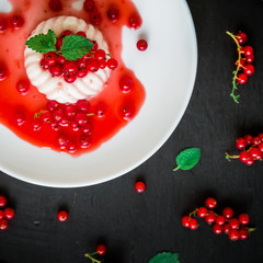 Delicious Panna cotta in white plate on a dark table and currant berries. Traditional italian dessert.