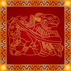 Golden symbolic vector ornaments of American native Indians, Aztec and Maya