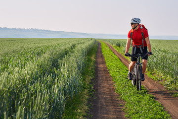 Young cyclist riding bicycle on the road on green field.