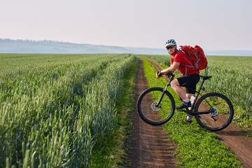 Fototapeta premium Young cyclist riding bicycle on the road on green field.