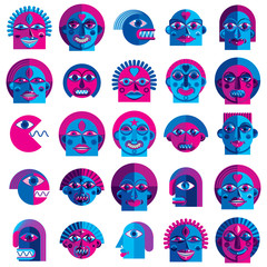 Mythic creatures collection, vector modern art. Set of fantastic odd characters expressing different emotions.