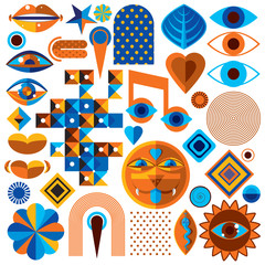 Set of different modernistic vector symbols can be used in corporate and web design. Conceptual icons collection created in nature and music theme, body and face parts.