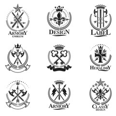 Fototapeta na wymiar Vintage Weapon Emblems set. Heraldic Coat of Arms, vintage vector emblems collection.