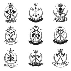 Fototapeta na wymiar Vintage Weapon Emblems set. Heraldic coat of arms decorative emblems collection.