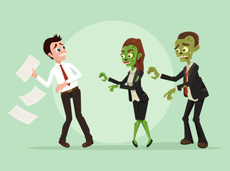 Zombies office workers businessman characters. Vector flat cartoon illustration