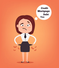  Sad unhappy unemployed office worker business woman character has no money. Vector flat cartoon illustration