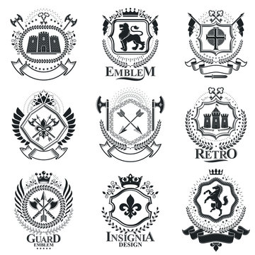 Vintage decorative emblems compositions, heraldic vectors. Classy high quality symbolic illustrations collection, vector set.
