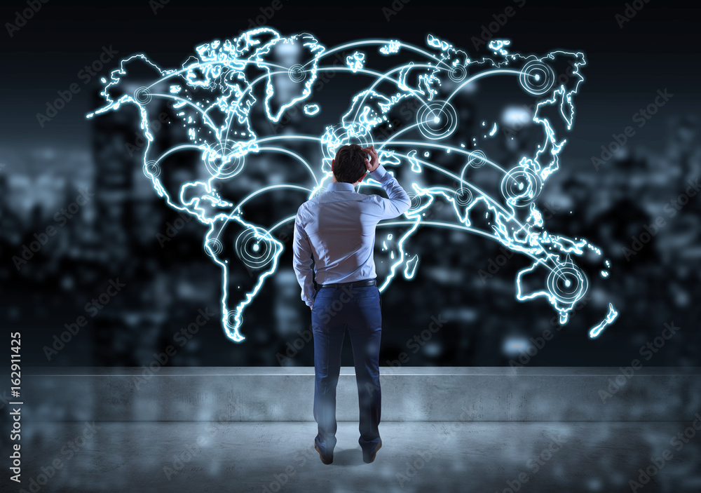 Wall mural businessman watching drawing manuscript world map connection on a rooftop 3d rendering