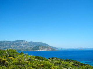 Fototapeta na wymiar Beautiful view of the Mediterranean seashore. The Lycian Way trekking near Patara, Turkey.