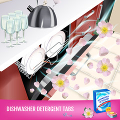 Rose fragrance dishwasher detergent tabs ads. Vector realistic Illustration with dishwasher in kitchen counter and detergent package. Poster
