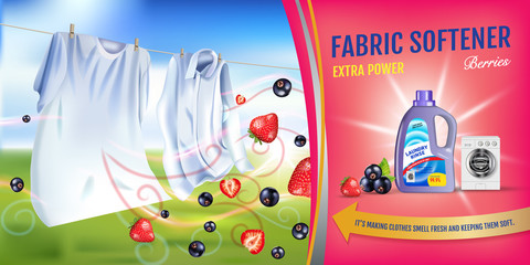 Berries fragrance fabric softener gel ads. Vector realistic Illustration with laundry clothes and softener rinse container. Horizontal banner