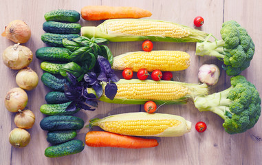 Vegetable abstract composition. Fresh vegetables: broccoli, carrot, corn, cucumber, garlic, onion, potatoes, salad, tomato, basil. Fresh Organic Vegetables. 