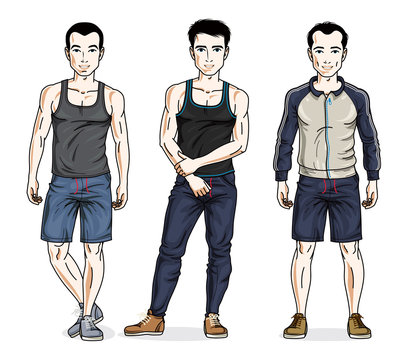 Handsome young men group standing wearing stylish sport clothes. Vector different people characters set. Lifestyle theme male characters.