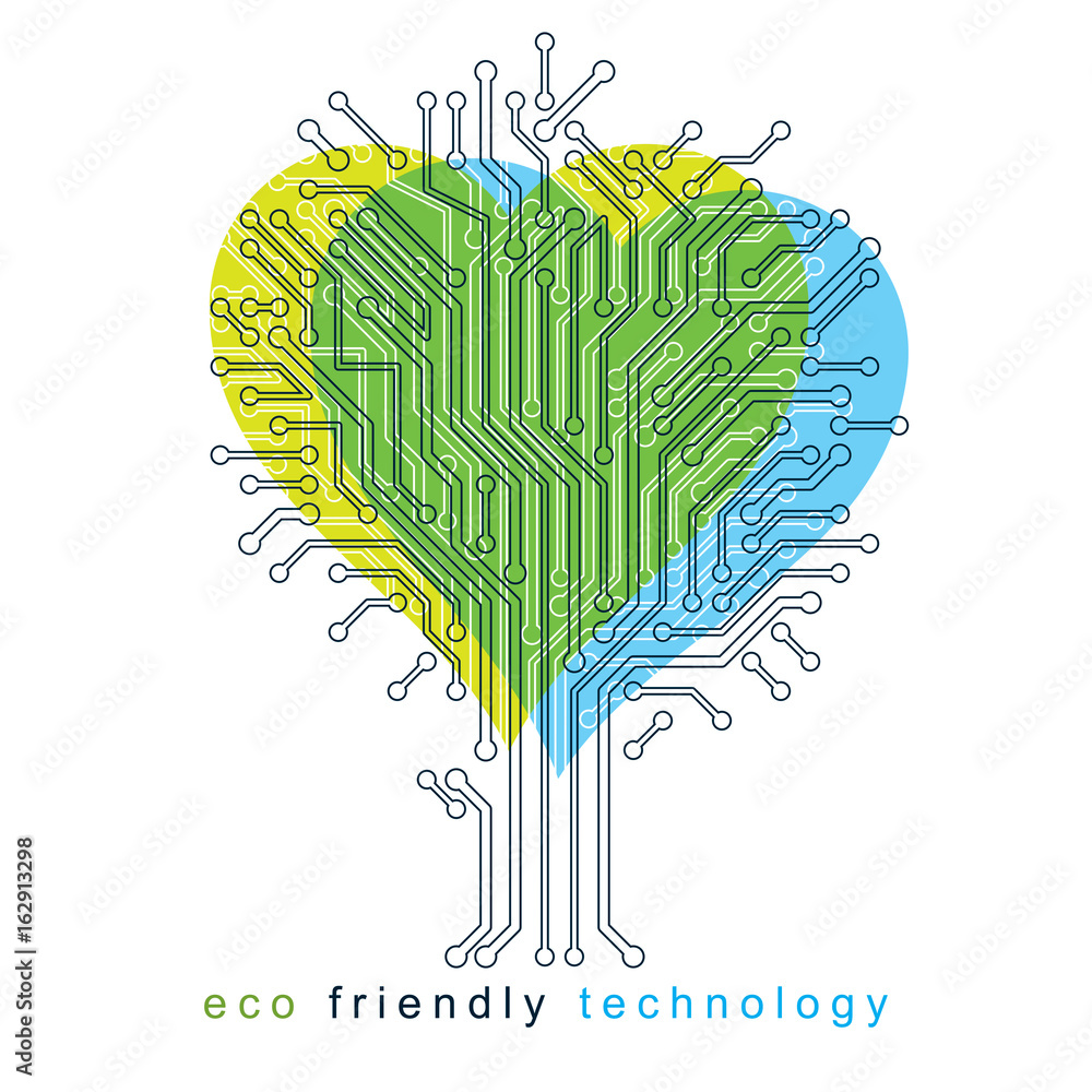 Poster art vector illustration of digital tree in shape of loving heart made using lines mesh as branches. 
