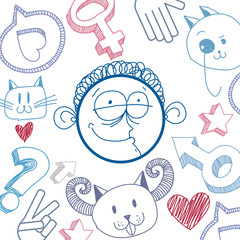 Vector colorful illustration of cartoon boy isolated on special background with hand drawn design elements, social interaction idea. Facial expressions on teenager face.