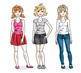 Happy pretty young women standing wearing fashionable casual clothes. Vector set of beautiful people illustrations.