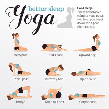 Yoga poses for better sleep. Vector illustrations with woman in sport bra  and shorts doing asanas from insomnia and relaxing. Healthy poster in flat  vector design. Stock Vector