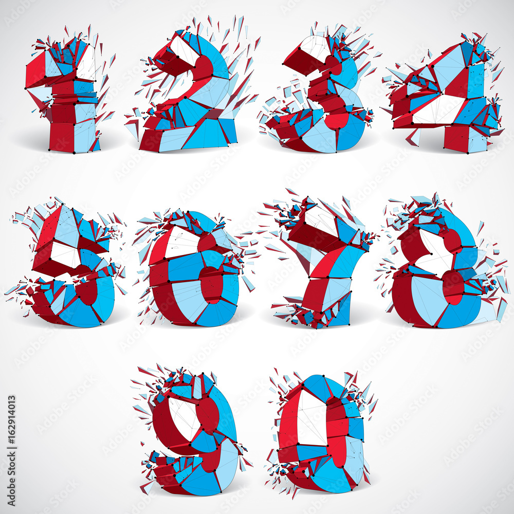 Poster set of 3d vector colorful wireframe numbers broken into different fragments, geometric polygonal num
