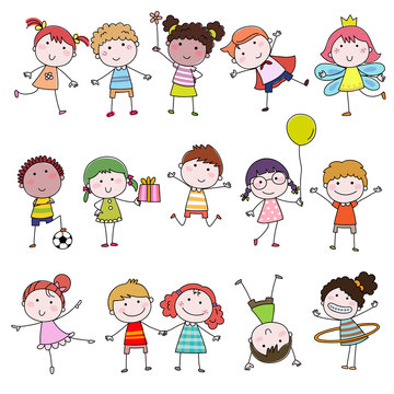 Set of cute happy cartoon doodle kids. Hand-drawn children