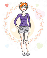Young beautiful redhead woman adult standing on colorful background with Valentine hearts in modern casual clothes. Vector nice lady illustration.