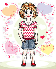 Beautiful happy little red-haired girl in stylish casual clothes posing on colorful backdrop with romantic hearts. Vector illustration of attractive kid.