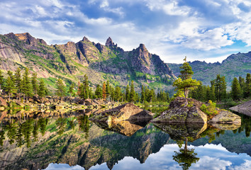 Picturesque lake in Siberian mountains