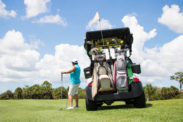 Golf Cart and Golfer on Beautiful Golf Course

