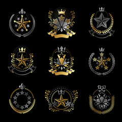 Pentagonal Stars emblems set. Heraldic Coat of Arms, vintage vector logos collection.