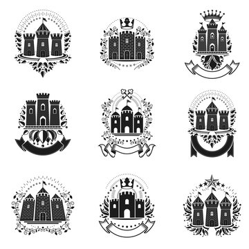 Ancient Citadels emblems set. Heraldic vector design elements collection. Retro style label, heraldry logo.